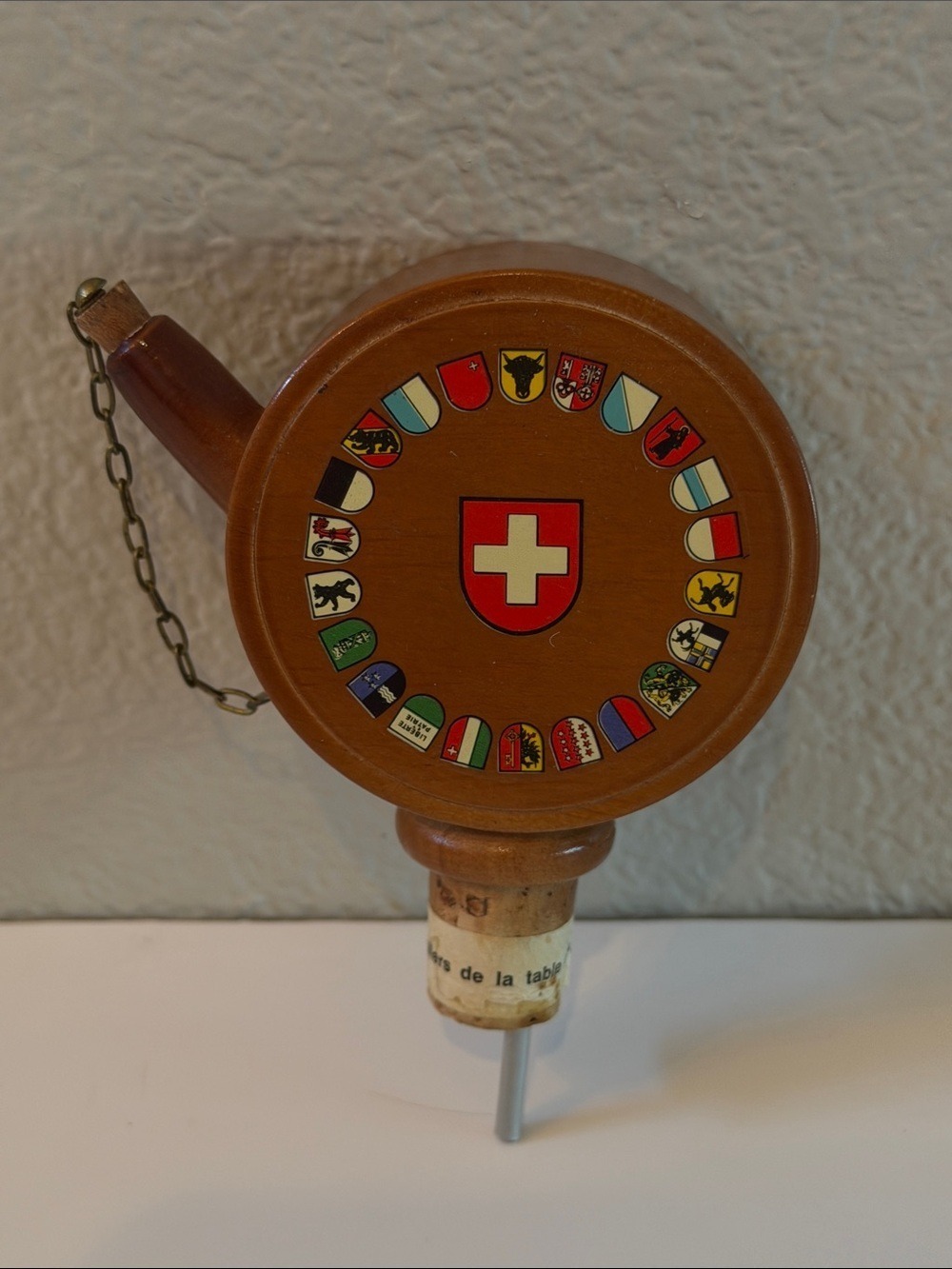 Vintage Musical Swiss Crest Wooden Wine Spirits Bottle Pourer with Cork Stopper